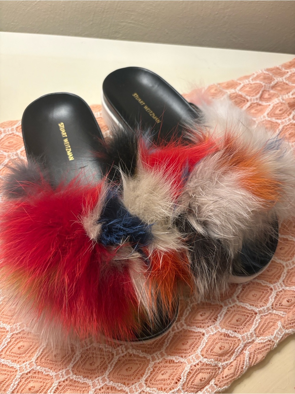 Stuart Weitzman Multicolor Fur Slide Mules - Red, Blue, Orange, Cream, Black